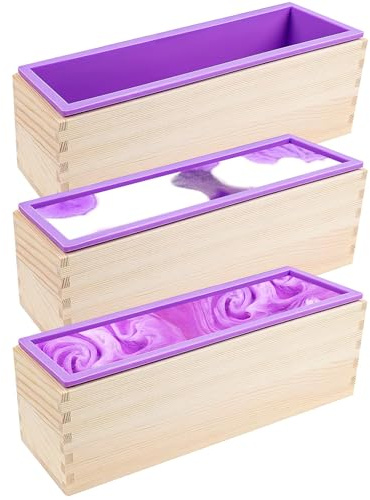 3 Stück Silikon-Seifenformen mit Holzbox, 1200 ml, Rechteckig | Silikonform Set, Seifenform Silikon Geeignet für DIY Seifenherstellung Handgefertigt, Kerzen, Harz, Dessert