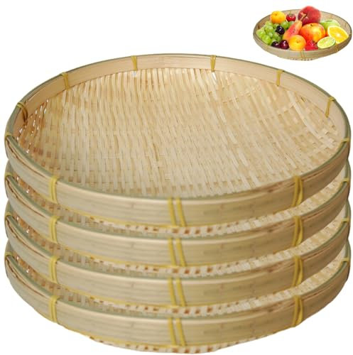 Abibiocy Panier en Bambou 4pcs, 6x1, 2 Bambou Round Bamboo Service Plateau, Plateau tissé à Rangement Panier de Fruits Ronds pour Jardin, dîner Quotidien, Organisation de Cuisine, tissé empilable