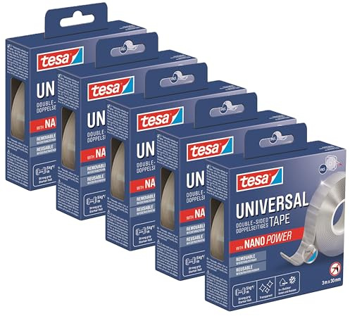 tesa Universal Nano Tape - transparentes, doppelseitiges Klebeband - leicht wiederablösbar und wiederverwendbar - wetterfest, für In- und Outdoor - 3 m x 30 mm (5er Pack)