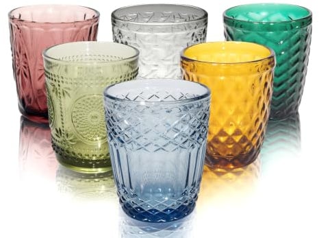 Vessyn Colored Drinking Glasses Set of 6, Embossed Water Tumbler Kitchen & Bar Glass Cups, Beverage Glass Cups for Water, Beer, Juice, Cocktail Glassware, Mixed Color
