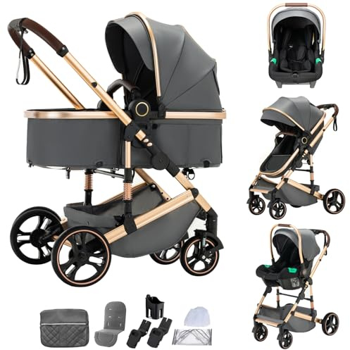 Mobayta kinderwagen 3 in 1 Kombikinderwagen für Neugeborene robustes leichtes Aluminiumgestell geeignet bis 22KG hochgestellter Kinderwagen vielseitig und praktisch Buggys (H9-Dark grey, H9)