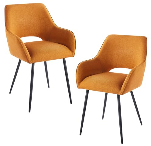 2er Set Esszimmerstühle Modern: Ergonomische Velours Küchenstuhl mit Armlehnen Rückenlehne Schwarze Metallbeine Komfortabel für Esszimmer Wohnzimmer Küche - Einfache Montage (2, Orange)