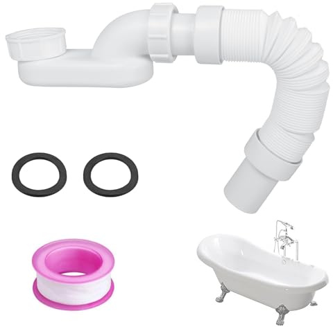 Flexible Low Profile 1 1/2 P-Trap, Flexible Waste Pipe, Bathtub Shower Drain Pipe, Durable White Plumbing with Gasket, Leak-Proof Tape Easy Installation for Home Bathroom & RV Bathtub Tubs