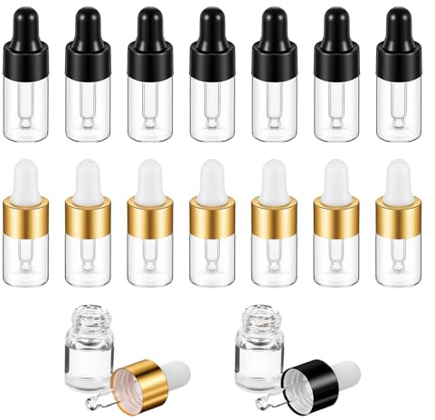 14 Pack Mini Pipette Dropper Bottle for Cuticle Oil, Glass Small Clear Sample Essential Oil Dropper Travel Liquid Bottles, Empty Vails Containers for Cosmetic Perfume (2 ml Gold + 3 ml Black)