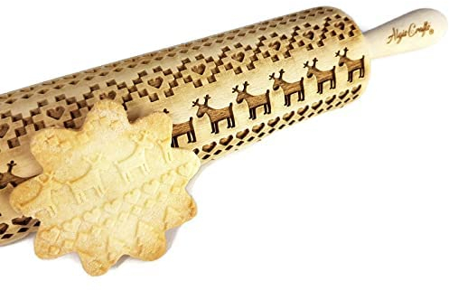SKANDINAVISCHES WEIHNACHTSMUSTER Nudelholz mit Muster Weihnachten Backen - Teigroller Holz für DIY Weihnachten Plätzchen und Keramik - Graviert Plätzchenrolle mit Motiv - 3D Plätzchen Roller