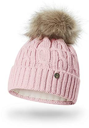 HEYO Damen Wintermütze mit Fleece Innenband H18527 | Slouch Beanie Winter Mütze | Warme Strickmütze mit Bommel | Bommelmütze (Rosa)