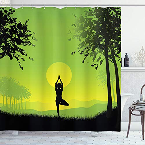 ABAKUHAUS Natur Duschvorhang, Sonnenuntergang Himmel im Wald, Stoffliches Gewebe Badezimmerdekorationsset mit Haken, 175 x 180 cm, Schwarz Grün Gelb