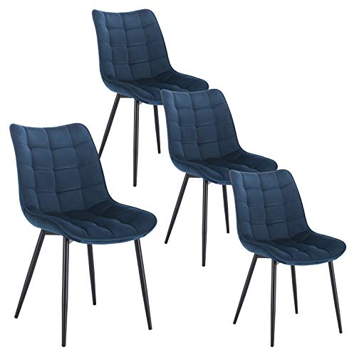 WOLTU Esszimmerstühle 4er Set Küchenstuhl Polsterstuhl Wohnzimmerstuhl Sessel mit Rückenlehne, Sitzfläche aus Samt, Metallbeine, Blau BH142bl-4