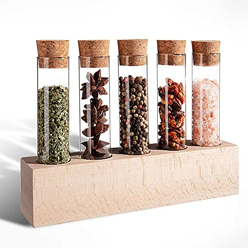 Tuuters Holz Gewürzregal mit Reagenzgläser und Korken, Gewürzregal, Gewürzboard Vase (65ml Gläser)