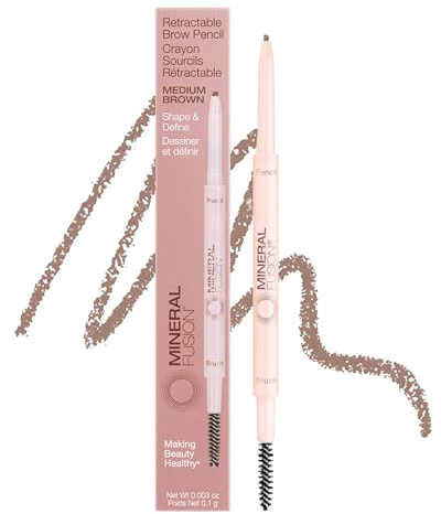 Mineral Fusion Retractable Brow Pencil (Medium Brown) - TZR 2025 Beauty Heroes Award Winner - Shape & Define Eyebrow with Blending Spoolie Brush - Velvety Smooth, Long-Lasting Color - Vegan Formula