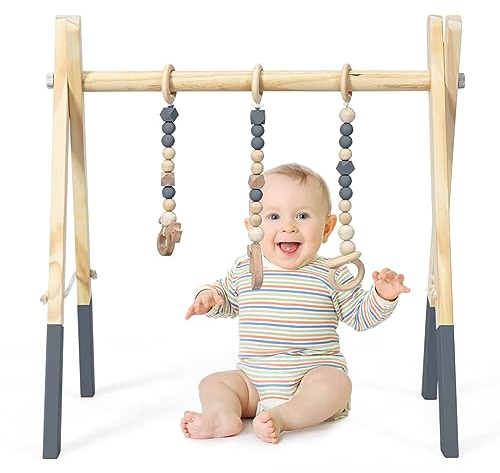 DREAMADE Spieltrapez aus Holz, Motorikspielzeug für Babys, Spielbogen mit 3 Spielzeugringe & 2 Kleinen Tiermodellen, Aktivitätszentrum mit Dreieckigen Struktur, für Kinderzimmer (Grau)