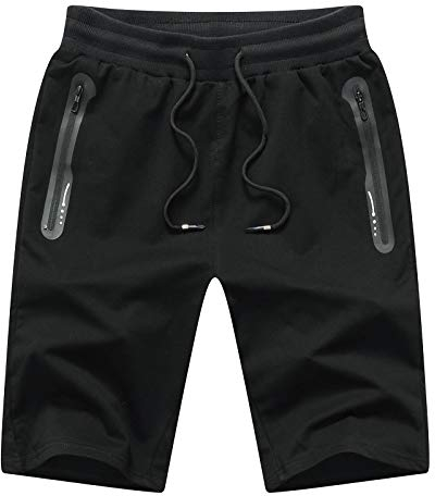 JustSun Kurze Hosen Herren Shorts Sommer Jogginghose Kurz Baumwolle Gym Sweat Sport Fitness Shorts Herren Reißverschluss Taschen Schwarz M