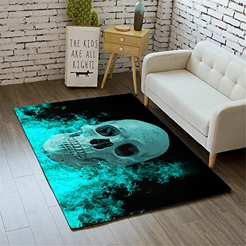 Morbuy Halloween Schädel Teppich Wohnzimmer Flanell Kurzflor Teppiches, Modernes Teppich Waschbar rutschfest Krabbelmatte für Kinderzimmer Schlafzimmer Dekoration (80x120cm,Grüne Flamme)