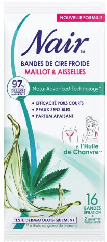 NAIR - Bandes de Cire Froide Maillot & Aisselles, à l'Extrait d'huile de Chanvre, 97% d'Origine Naturelle, NaturAdvanced Technology, 16 Bandes