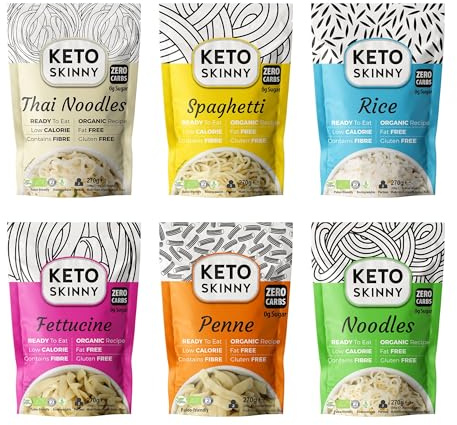 Keto Skinny Shirataki Konjac Mix Pack 270g (Pack of 18) - Noodles, Rice, Penne, Spaghetti, Fettuccine & Thai Noodles (3 Packs Each), Zero Sugar, Low Carb & Calorie, Fibre & Protein, Gluten Free, Vegan