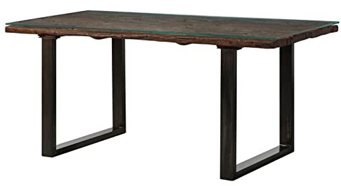 MASSIVMOEBEL24.DE | City Baumkantentisch aus Massivholz #23 | aus Altholz - Braun, Lackiert | 180 x 90 x 80,5 cm | mit Glasplatte & Eisen-Beinen in U-Form | Massivholztisch mit echter Baumkante