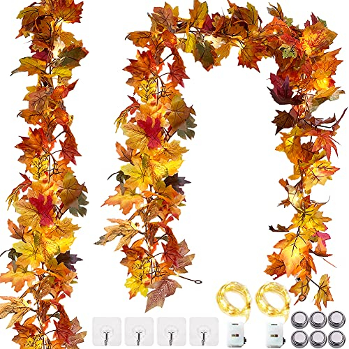 OEMG 2Pcs Ghirlande di Foglie d'Acero Artificiali, 360CM Ghirlanda Foglie Autunnali con 2Pcs Luci Stringa, Ghirlanda Autunnale Foglie d'Acero, Ghirlanda Foglie Acero Autunno per Ringraziamento