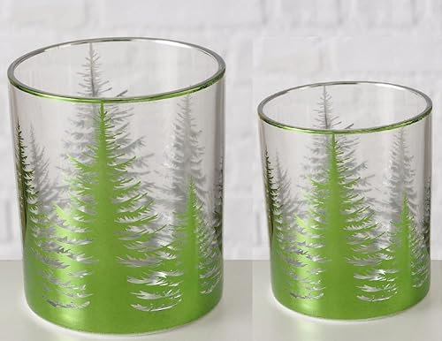 Windlicht Set 2-teilig – Teelichthalter aus Glas mit hellgrüner Tannenwald-Silhouette – stilvolle Winter- & Weihnachtsdeko – 8×10 cm & 7×9 cm (Winterwald hellgrün 2er Set)