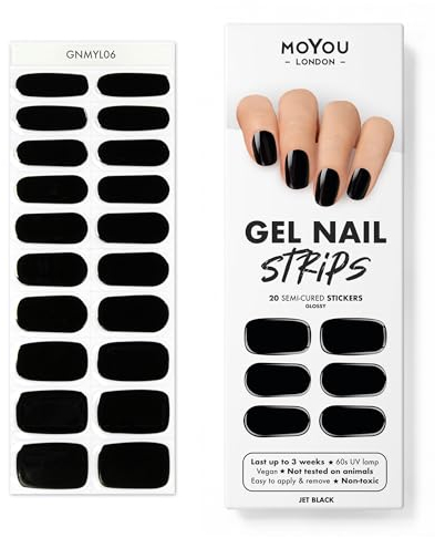MOYOU LONDON Semi Cured Gel Nail Strips Black - 20 Pcs. Nail Wraps for Salon-Quality Manicure - Works with Any UV Lamp - Easy to Apply, Trim, & Remove Gel Stickers