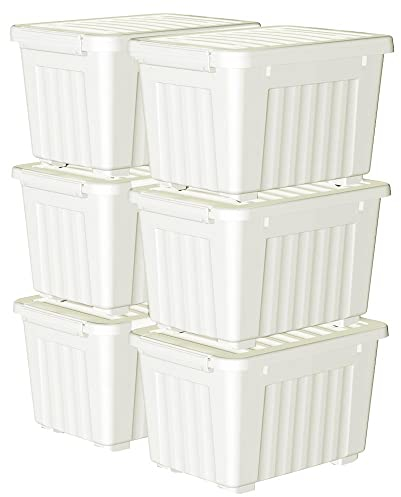 Cetomo 35L*6 Plastic Storage Box,White, Tote box,Organizing Container with Durable Lid and Secure Latching Buckles, Stackable and Nestable, 6Pack, with Buckle