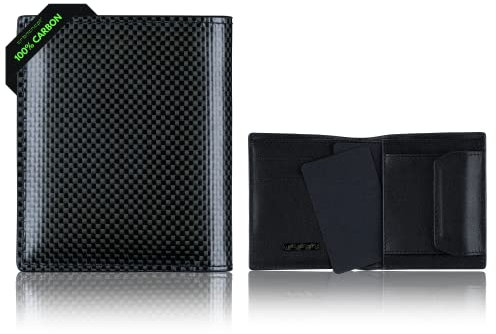 CRBNCNCPT® Carbon Portemonnaie Herren Kohlenstofffasern & Leder (Echtleder) | Geldbeutel mit Magnet Münzfach | 10 Kartenfächer | Geldbörse - Portmonee - Wallet | Schwarz - Klein - RFID