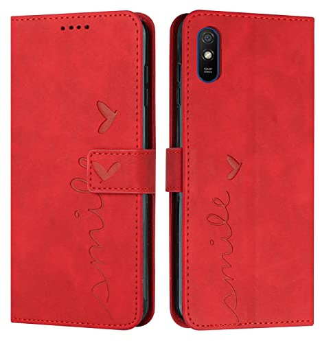 EATCYE Coque pour Xiaomi Redmi 9A / 9i / 9AT, Étui Housse en Cuir PU Premium Redmi 9A/9i/9AT, Magnetique Flip [Pochette de Portefeuille], Etui de Protection pour Xiaomi Redmi 9A / 9i / 9AT (#Rouge)
