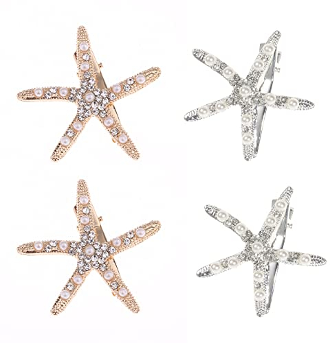 4 Pezzi Fermagli per Capelli a Forma di Stella Marina, Mollette, Spilla per Capelli con Diamante, per lo Styling per Donne e Ragazze (Oro, Argento)