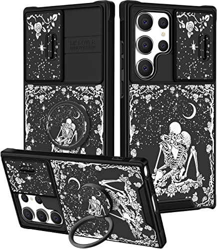 Goocrux (2in1 for Samsung Galaxy S23 Ultra Case Skull Skeleton Women Girls Cute Flower Goth Phone Cover Moon Star Horror Design with Slide Camera Cover+Ring Spooky Gothic Cases for S23 Ultra 5G 6.8''