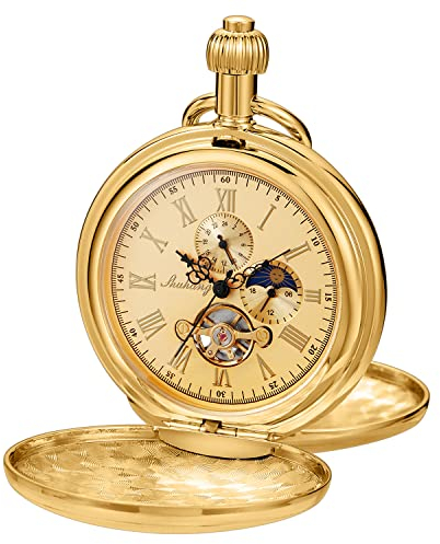 Tiong Mechanische Taschenuhr für Herren, doppelte Abdeckung, römisches Mondlicht-Design, Zifferblattkette, mechanische Taschenuhr, Herren-Box, mechanische Taschenuhr, MPW142-UK, 华丽的