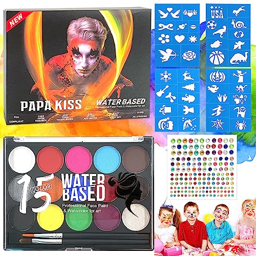 TOPJOWGA Pinturas Cara para Niños, Pintura Corporal y Facial, 15 Colores Maquillaje con 4 Plantillas, 2 Pinceles, Maquillaje para Cuerpo para Halloween, Carnaval, Maquillaje Facial (B)