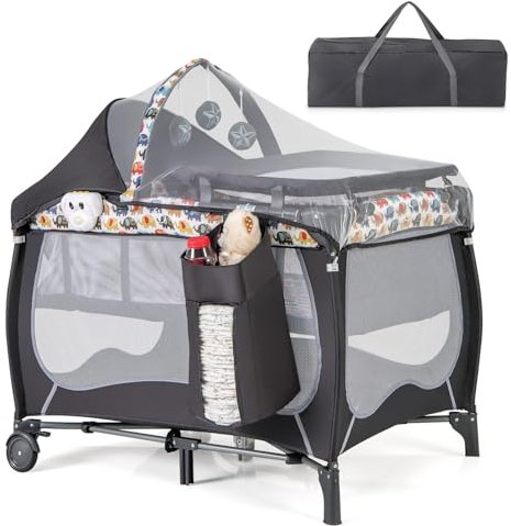 DREAMADE 102 x 72 cm Reisebett Faltbar, Beistellbett Baby mit Matratze & Rollen & Moskitonetz & Wickelauflage, 3 in 1 Babybett für Neugeborene & Kinder 0-36 Monate (Bunt)