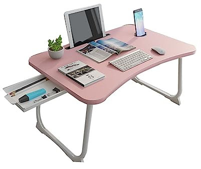 YAERLE Foldable Laptop Table Lapdesk,Large Bed Tray Multifunction Laptop Desk with Storage Drawer, Lazy Laptop Table with Cup Holder，Portable Standing Bed Desk (Color : Pink, Size : 27.6x19.7x11.8in)