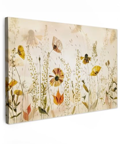 MuchoWow© Bilder Groß 120x80 cm XXL Wohnzimmer Deko Modern Wandbild Foto auf Leinwand Bild Schlafzimmer Room Decor Geschenke Illustration - Pflanzen - Insekten - Beige