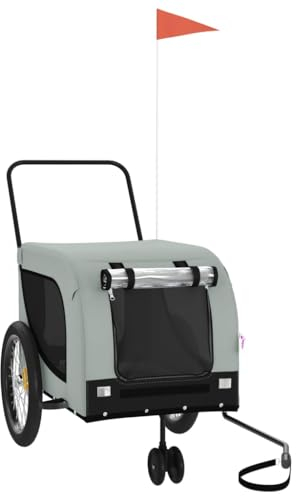 vidaXL Fahrradanhänger für Hunde, Hundeanhänger mit Reflektoren Flagge, Hundetransporter Maximale Belastbarkeit 30 kg, Haustier Transportwagen, Grau Schwarz Oxford-Gewebe Eisen