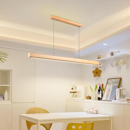 Aleaty Moderne Hängelampe Holz Esszimmerlampe LED Pendelleuchte esstisch Dimmbar Linear Design hängeleuchte mit Fernbedienung Esstischlampe hängend höhenverstellbar für Esszimmer (Holz, L80cm)