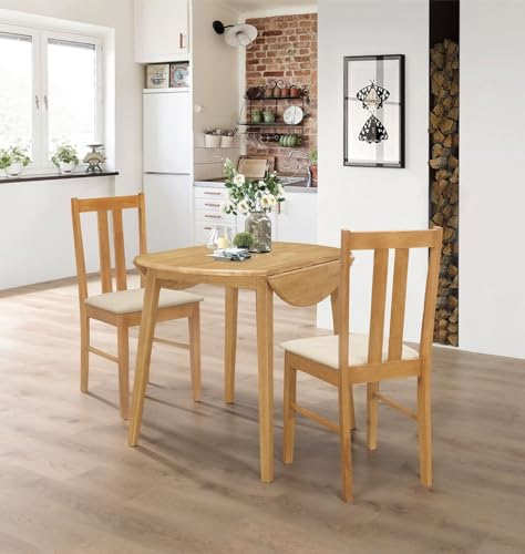 Hallowood Furniture Ledbury Round Drop Leaf Table and Chairs Set 2, Light Oak Dining Table and Chairs with Cream Padded Seats, Space-Saving Folding Dining Room Sets for Small Spaces