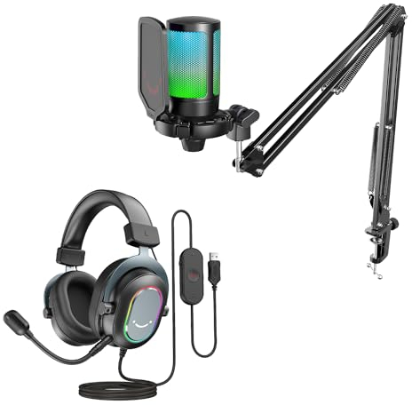 FIFINE Gaming Mikrofon mit Arm und PC Headset, USB Microphone Kit und Over Ear Kopfhörer mit Kabel, Headphone mit 3 EQ Modi für Podcast Streaming Studio MAC PS4 PS5 (A6T+H6