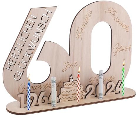 Tikplus 60 Geburtstag Geschenk 2024, Gästebuch Holzschild zum 60 Geburtstag mit Jahreszahlen und Ständer, Deko Jubiläum Geburtstag Geschenk für 60 Jahre Mann Frau(1964-2024)
