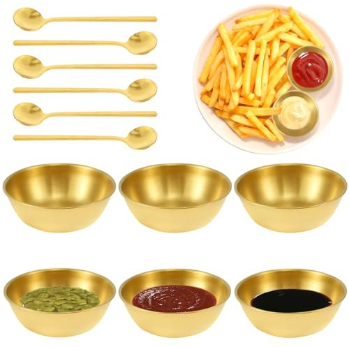 MENIBBLER Dipping Bowls Set of 6, Stainless Steel Golden Dip Bowls, Rustproof Tapas Bowls Set with 6 Spoons, Practical Condiment Cups, Stainless Steel Sauce Cup Gold Saucer Plates Saucers Bowl