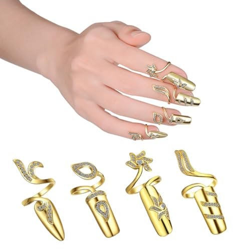 4Pcs Women Fingernail Opening Ring Finger Nail Ring Knuckle Rhinestone Cover Tip Nail Cap Loop Ring for Women Nail Art Charm Fingernail Accessories (Gold)