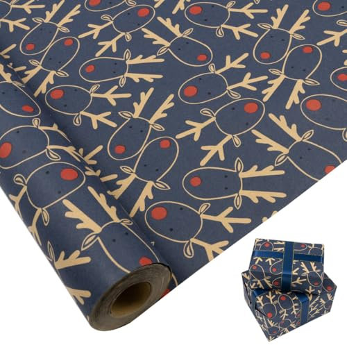 Große Geschenkpapierrolle: 76 cm x 15 m, recycelbares, blaues Weihnachts-Geschenkpapier mit Elchdruck für Weihnachts-, Geburtstags-, Hochzeits- und Festgeschenkdekorationen