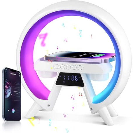 QCXWCJWD Wireless Speaker Charger Light, O Lamp with 15W Wireless Charger, RGB Atmosphere Night Light Bedside Lamp with Alarm Clock and LED Display