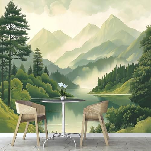 Papier Peint Panoramique Aquarelle Montagnes Forêt Nature 300×210 cm, Papier Peint Géant 3D Salon Chambre Salle à Manger Chambre d'Enfant Décoration Murale
