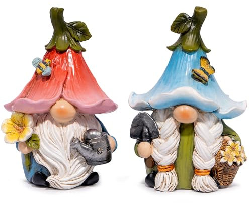Hodao Lot de 2 nains de fleurs décoratives pour l'été, bourdon, elfe, cadeaux pour la maison, le printemps, la décoration de jardin animée pour l'extérieur, maman, mère (orange-bleu)