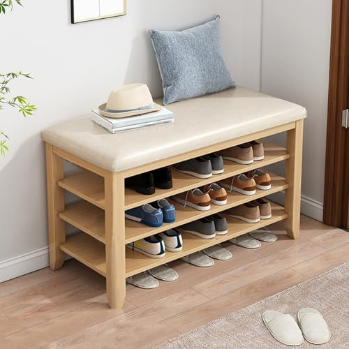 Schuhbank aus PU-Leder mit höhenverstellbaren Einlegeböden für B-Flur und Eingangsbereich, Massivholz, Schuhaufbewahrung (Nussbaum, 60 cm)