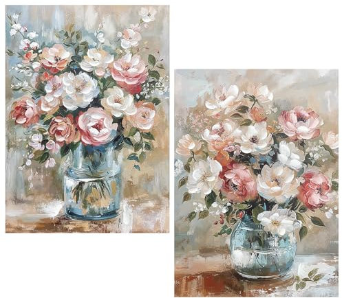 DRW Tableau sur toile Vase avec fleurs peint Amain en blanc, rose et bleu 50 x 3 x 70 cm