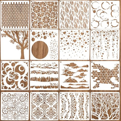 Dmnnlp 16 Pcs Texture Stencils, Reusable Art Mixed Stencils Kit for Painting on Canvas, Walls, Cards, Furniture - Multi-Surface DIY Craft Templates