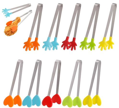 JINGIHE 10 Stück Mini Zuckerzangen Küchenzange für Candybar 5 Farben | Herz und handförmige Edelstahl Greifzange mit Silikongriff für Zucker Eiswürfel Obst Grillen Party Candybar Kindergeburtstag