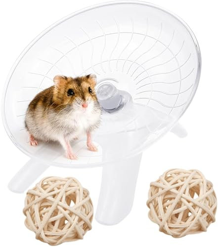 Silent Hamster Wheel, Flying Saucer Hamster Running Wheel for Syrian and Dwarf Hamsters, Gerbils, Small Pets, 28cm Large hamster wheel with Two Rattan Balls, White