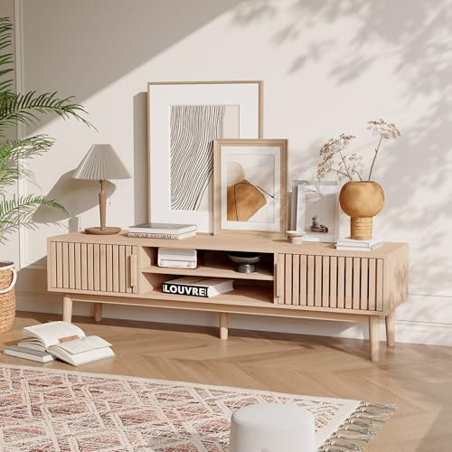 FEEOHOME Meuble TV 150 cm, Support pour Téléviseur 50 Pouces, Table Télé Bois avec étagères et placards de Rangement, pour Salon Salle à Manger Chambre à Coucher